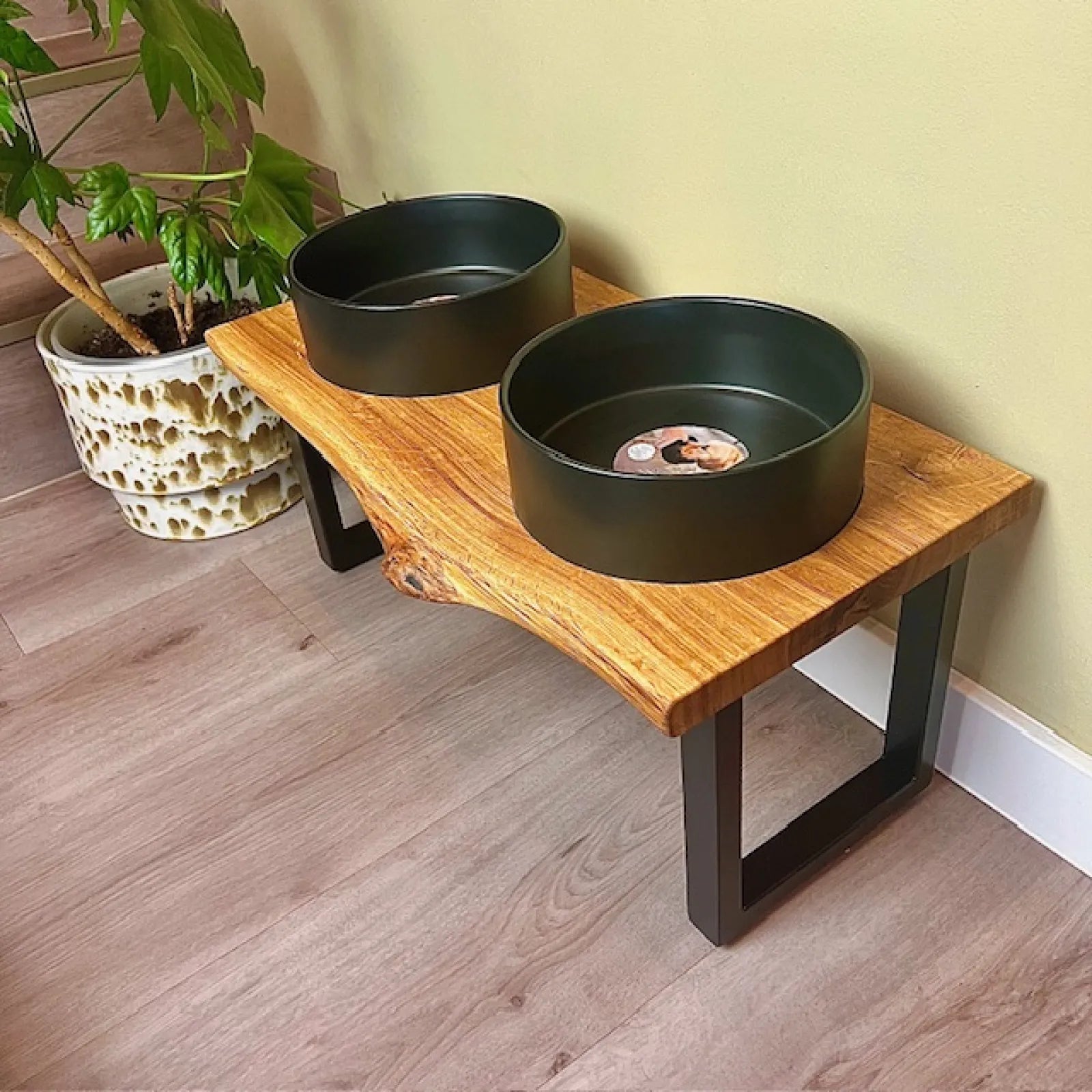 Futterstation für Hunde mit Keramiknäpfen in schwarz mit geölter Eichenholzbohle und Baumkante sowie Stahlgestelle für einen sicheren Stand